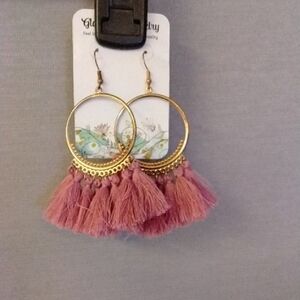 Gold and Pink Tassel Hoop Earrings